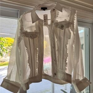 NWT Sheer White Women’s Denim Jacket with Frayed Trim – Lightweight